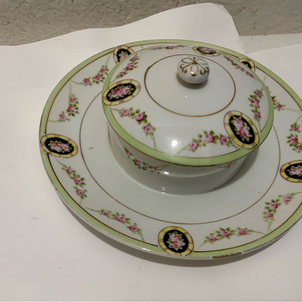 Vintage Nippon Hand Painted Porcelain butter dish with lid